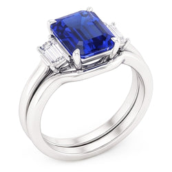 3 Steine Smaragd Blauer Saphir & Baguette Natürlicher Diamant ( nicht im Labor gezüchtet ) Ring Set 1,75 Karat