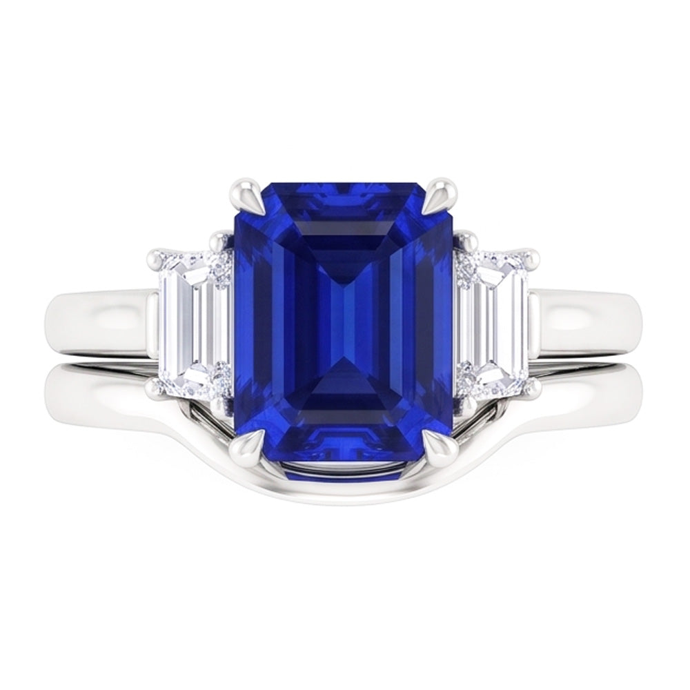 3 Steine Smaragd Blauer Saphir & Baguette Natürlicher Diamant ( nicht im Labor gezüchtet ) Ring Set 1,75 Karat