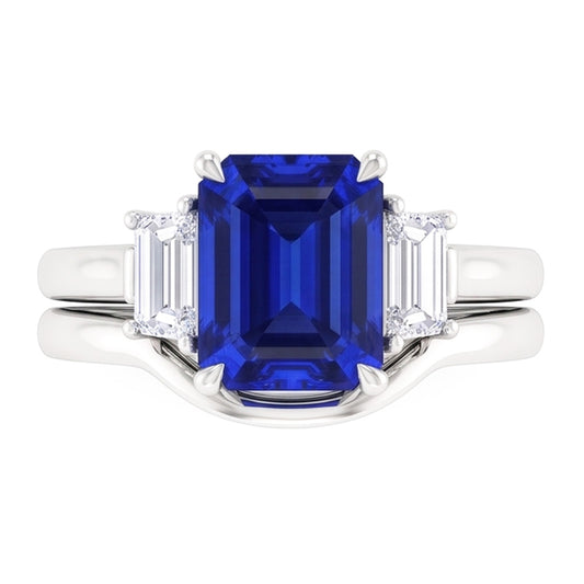 3 Steine Smaragd Blauer Saphir & Baguette Natürlicher Diamant ( nicht im Labor gezüchtet ) Ring Set 1,75 Karat