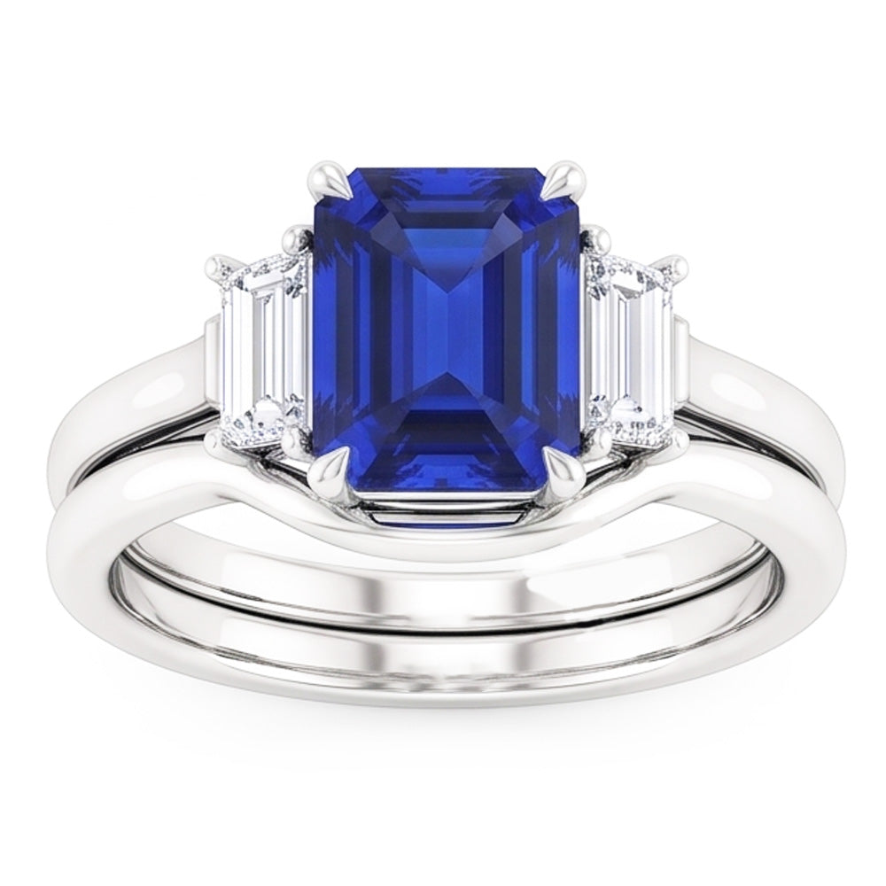 3 Steine Smaragd Blauer Saphir & Baguette Natürlicher Diamant ( nicht im Labor gezüchtet ) Ring Set 1,75 Karat