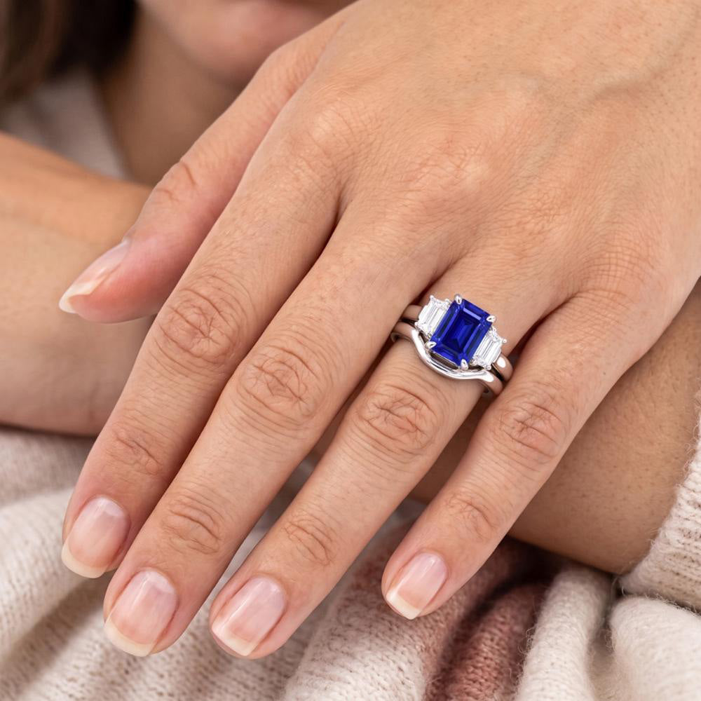 3 Steine Smaragd Blauer Saphir & Baguette Natürlicher Diamant ( nicht im Labor gezüchtet ) Ring Set 1,75 Karat