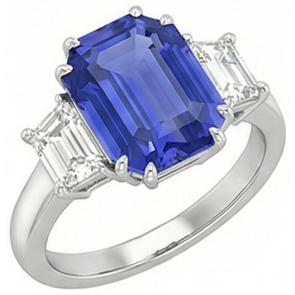 3 Steine Smaragd & Trapez Natürlicher Diamant ( nicht im Labor gezüchtet ) Ceylon Saphir Ring 3 Karat