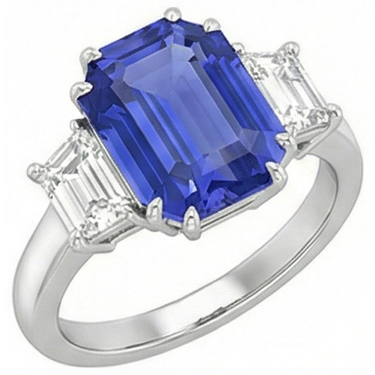 3 Steine Smaragd & Trapez Natürlicher Diamant ( nicht im Labor gezüchtet ) Ceylon Saphir Ring 3 Karat