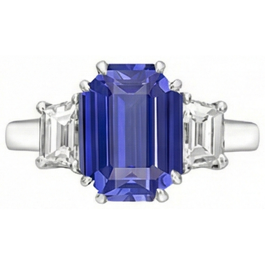 3 Steine Smaragd & Trapez Natürlicher Diamant ( nicht im Labor gezüchtet ) Ceylon Saphir Ring 3 Karat