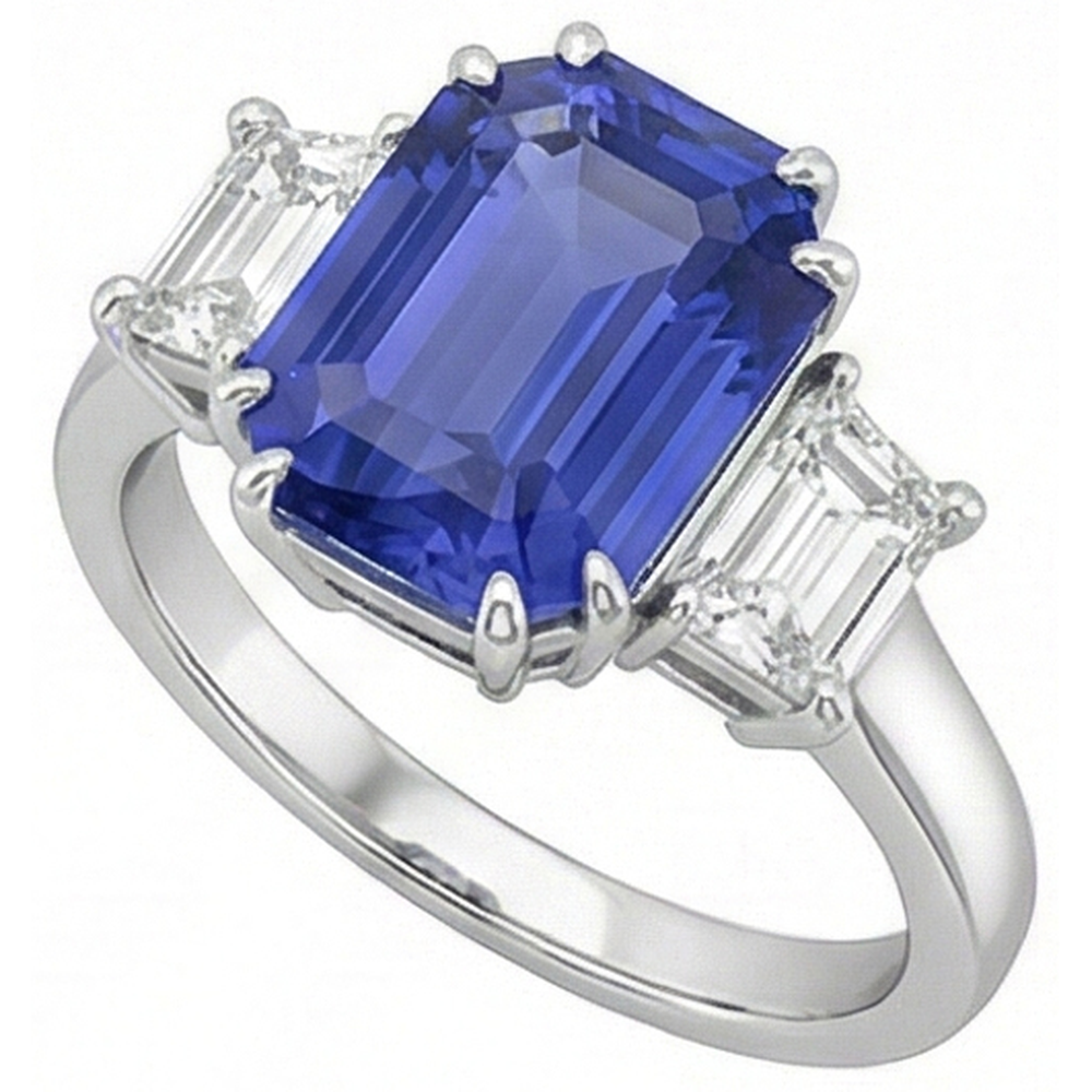 3 Steine Smaragd & Trapez Natürlicher Diamant ( nicht im Labor gezüchtet ) Ceylon Saphir Ring 3 Karat