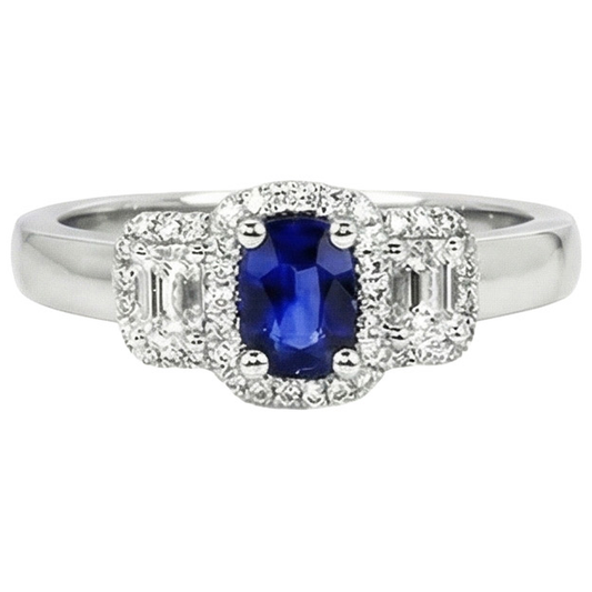 3 Steine Stil Blauer Saphir und Halo Aus der Erde Abgebauter Natürlicher Diamantring 5 Karat Neu