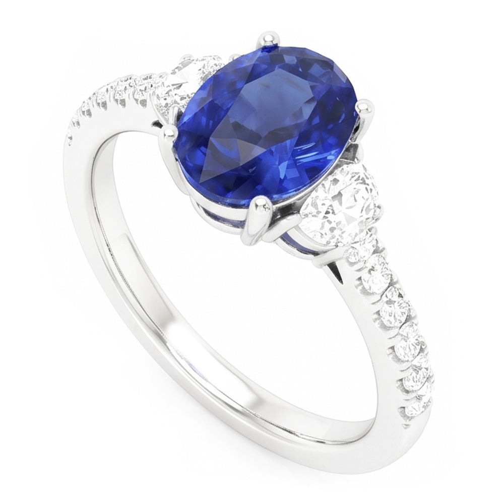 3 Steine Stil Ring Oval Blauer Saphir 6,75 Karat Echtes Weißgold
