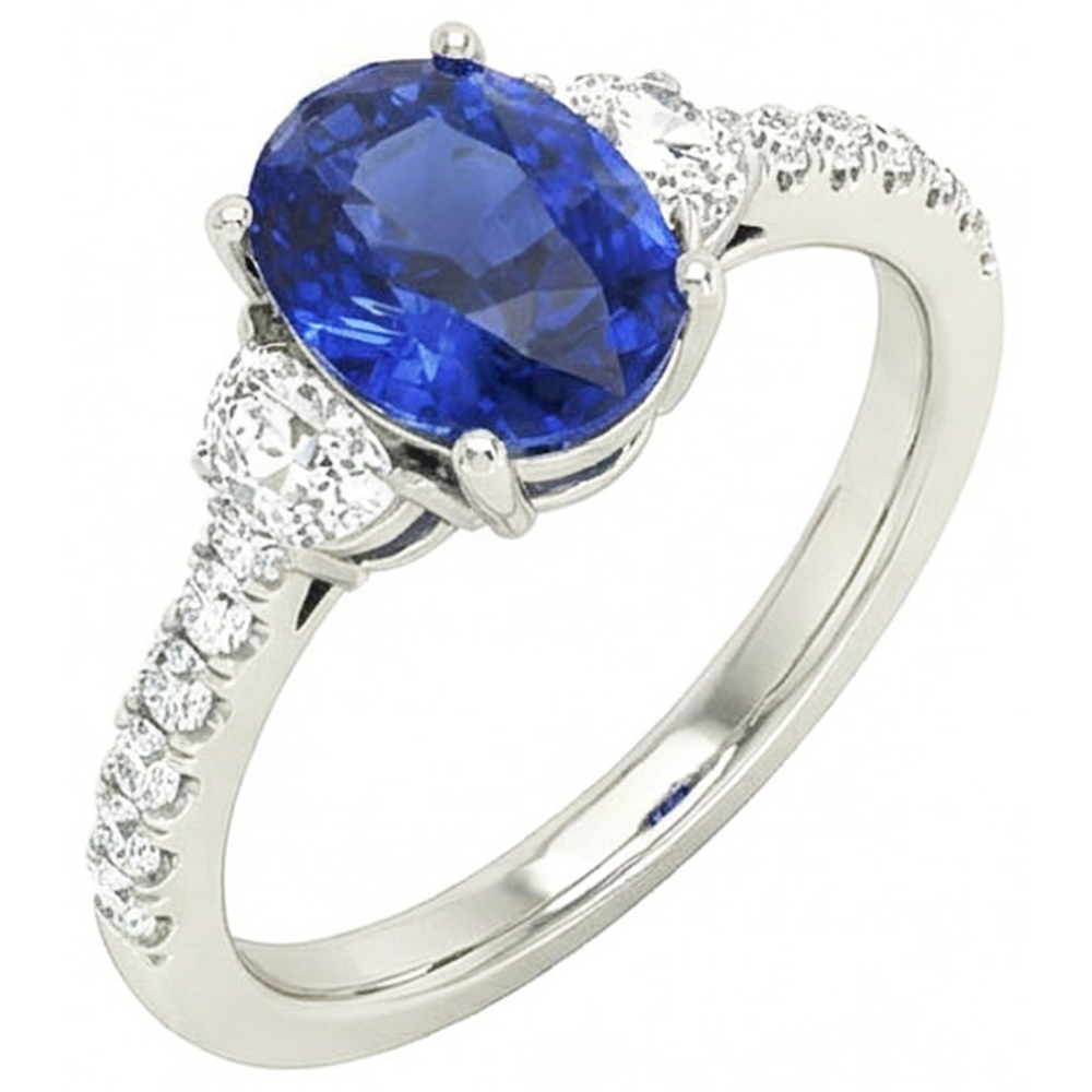 3 Steine Stil Ring Oval Blauer Saphir 6,75 Karat Echtes Weißgold