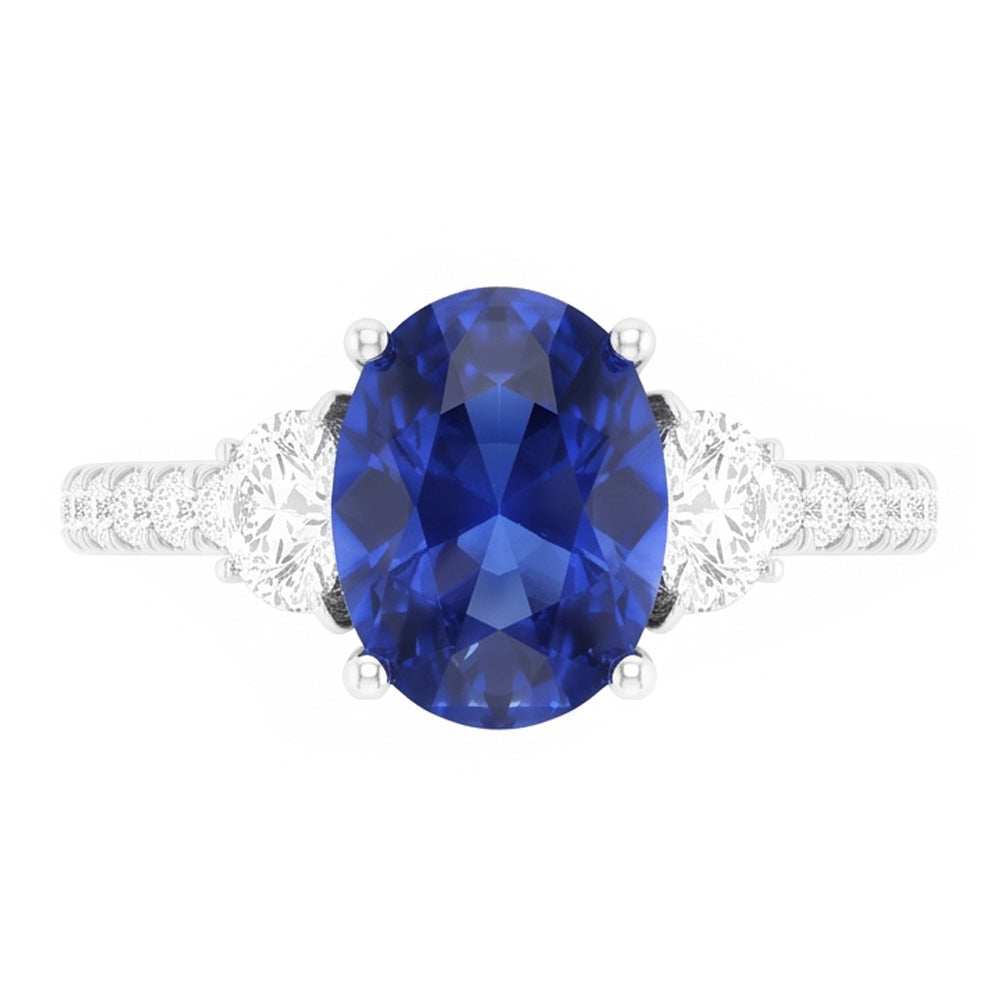 3 Steine Stil Ring Oval Blauer Saphir 6,75 Karat Echtes Weißgold