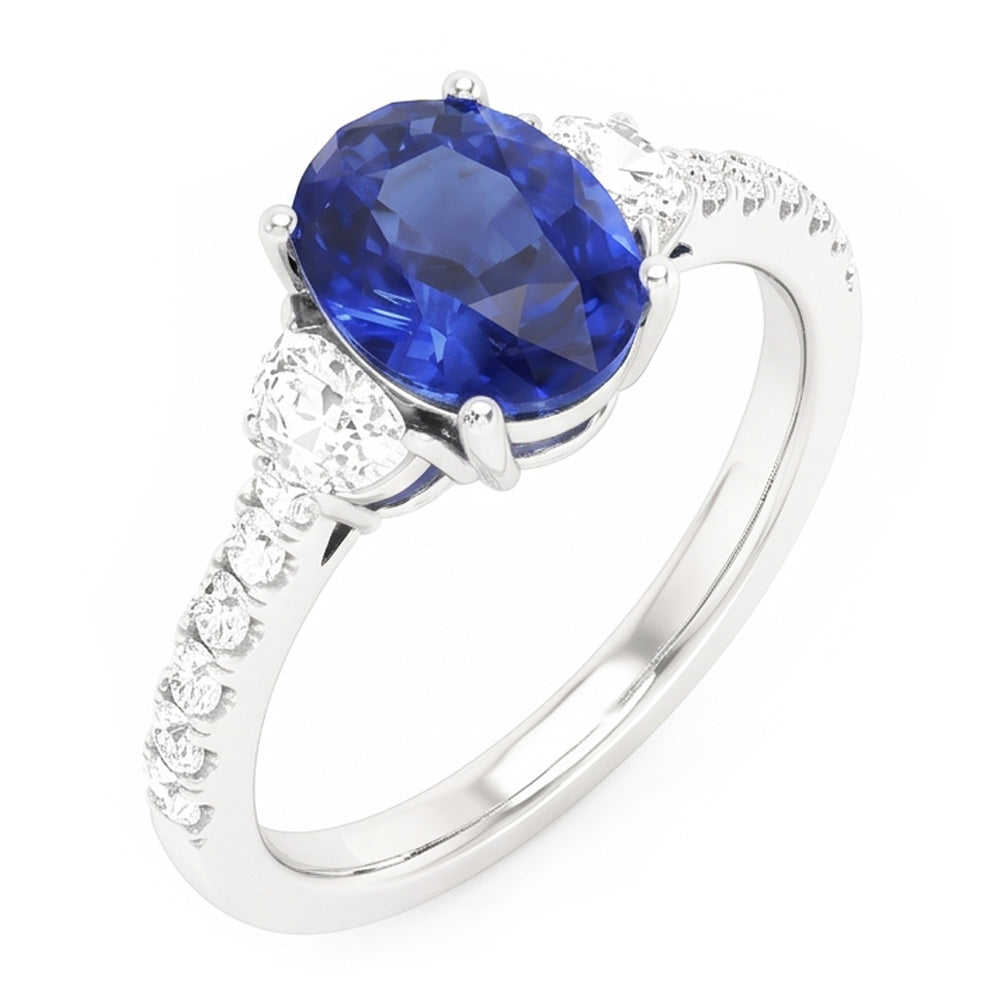 3 Steine Stil Ring Oval Blauer Saphir 6,75 Karat Echtes Weißgold