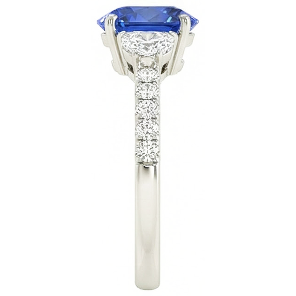 3 Steine Stil Ring Oval Blauer Saphir 6,75 Karat Echtes Weißgold