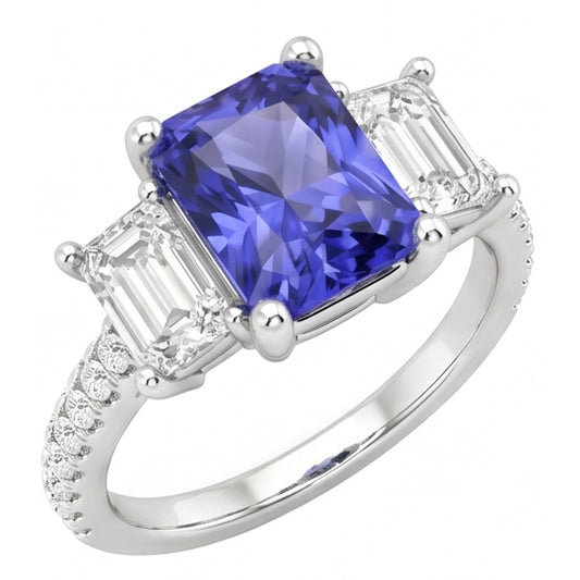 3 Steine Stil Smaragd Natürlicher Diamant ( nicht im Labor gezüchtet ) Blauer Saphir Ring Radiant Cut 4 Karat