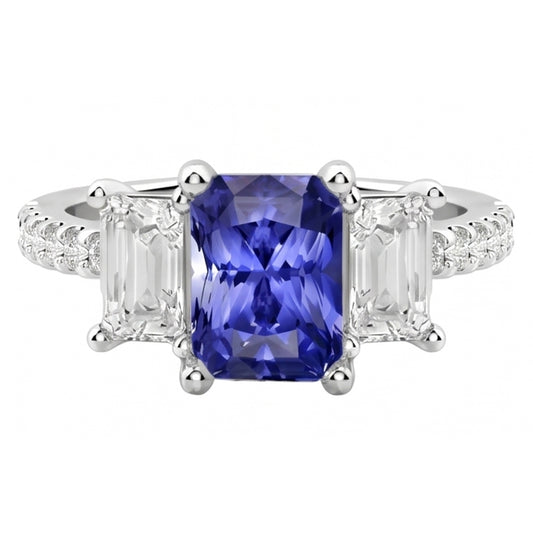 3 Steine Stil Smaragd Natürlicher Diamant ( nicht im Labor gezüchtet ) Blauer Saphir Ring Radiant Cut 4 Karat