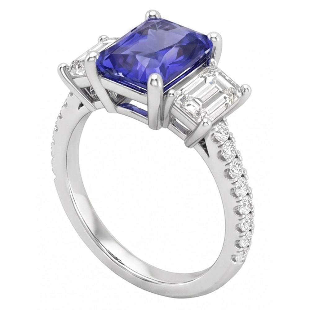 3 Steine Stil Smaragd Natürlicher Diamant ( nicht im Labor gezüchtet ) Blauer Saphir Ring Radiant Cut 4 Karat