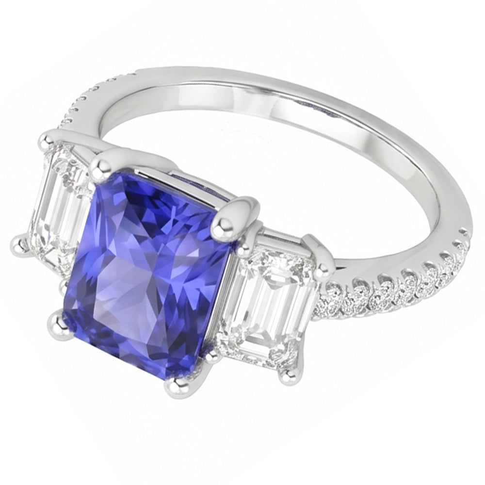 3 Steine Stil Smaragd Natürlicher Diamant ( nicht im Labor gezüchtet ) Blauer Saphir Ring Radiant Cut 4 Karat