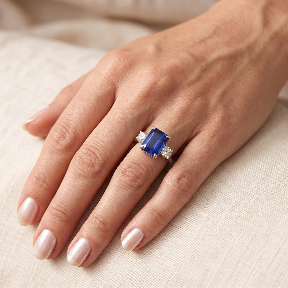 3 Steine Verlobungsring Smaragd blauer Saphir & Aus der Erde Abgebauter Natürlicher Diamant 3,50 Karat