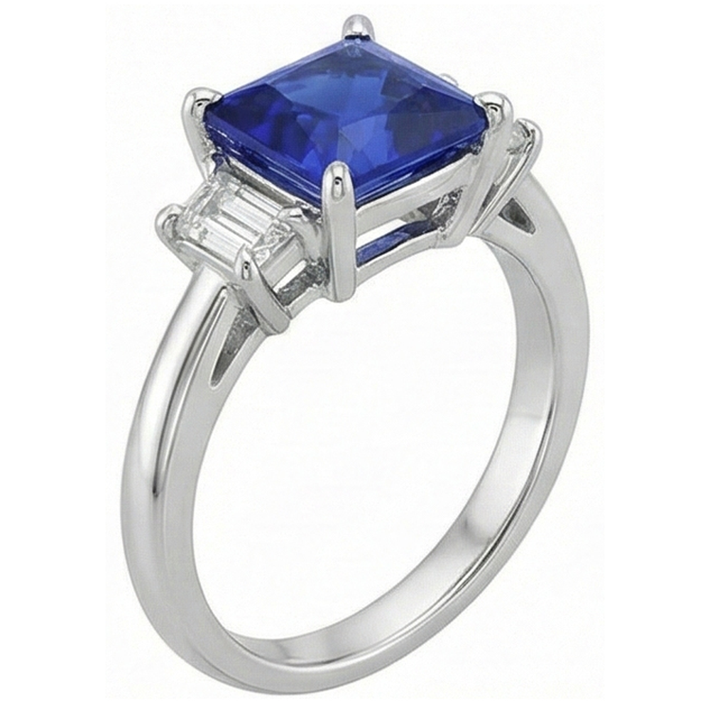 3 Steingoldring Princess Blue Saphir & Trapezoid Aus der Erde Abgebauter Natürlicher Diamanten 4 Karat