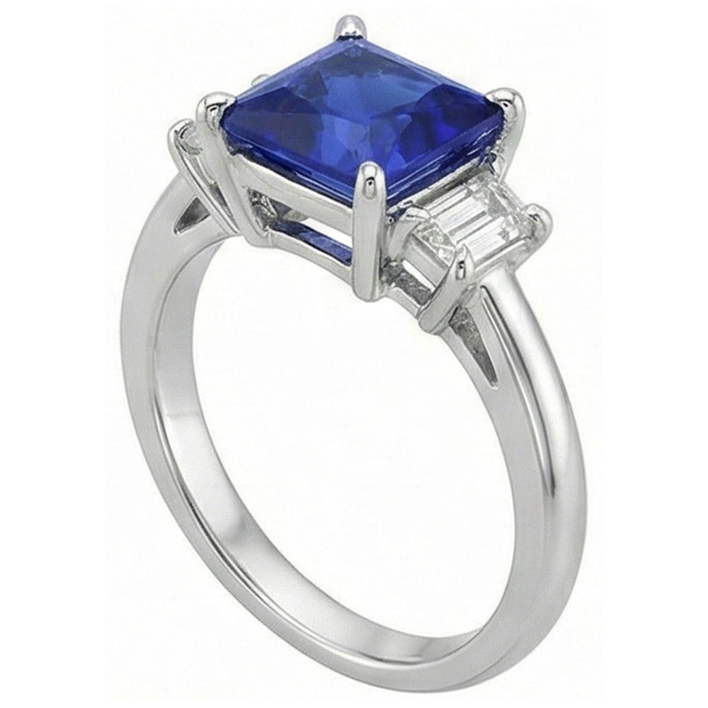 3 Steingoldring Princess Blue Saphir & Trapezoid Aus der Erde Abgebauter Natürlicher Diamanten 4 Karat
