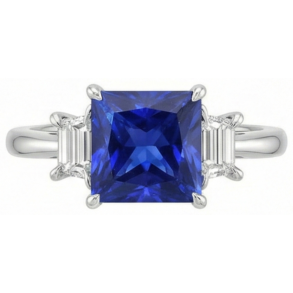 3 Steingoldring Princess Blue Saphir & Trapezoid Aus der Erde Abgebauter Natürlicher Diamanten 4 Karat