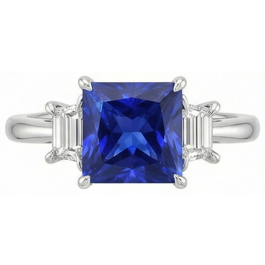 3 Steingoldring Princess Blue Saphir & Trapezoid Aus der Erde Abgebauter Natürlicher Diamanten 4 Karat