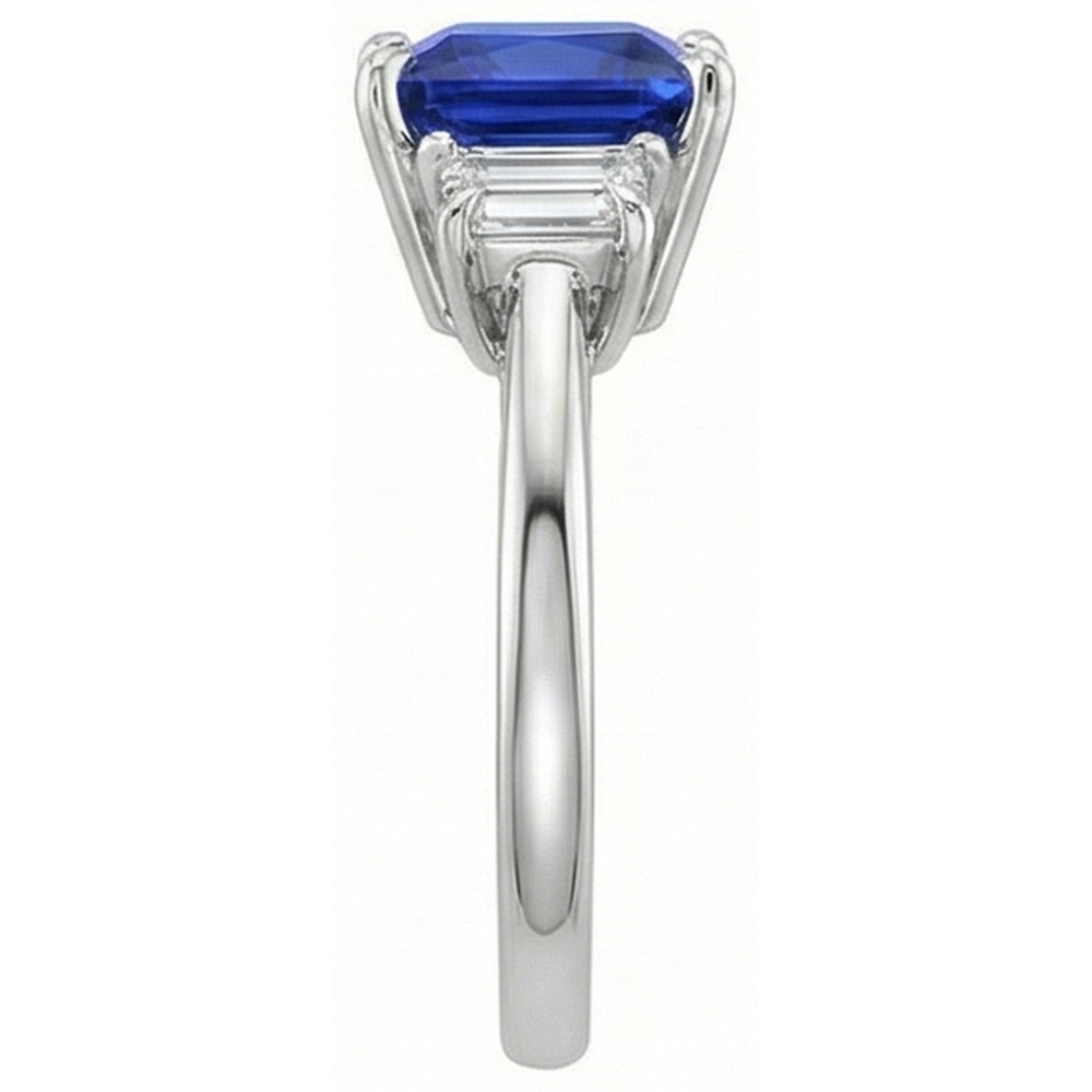 3 Steingoldring Princess Blue Saphir & Trapezoid Aus der Erde Abgebauter Natürlicher Diamanten 4 Karat
