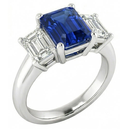3 Steinring Smaragddiamanten & strahlender tiefblauer Saphir 2.50 Karat
