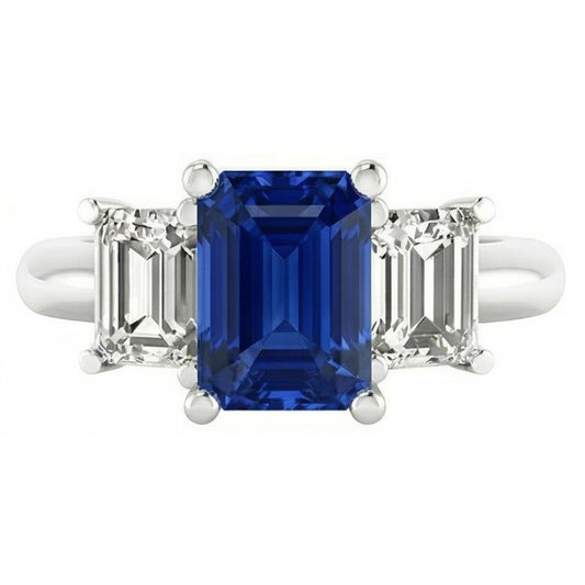 3 Steinring Smaragddiamanten & strahlender tiefblauer Saphir 2.50 Karat