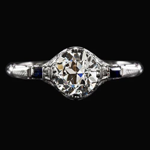 3 Steinrunder Altschliff Echt Diamant & Prinzessin Blauer Saphir Ring 2 Karat