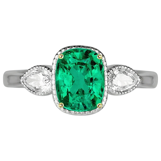 Cushion Edler Smaragd Ring in 14 Karat Zweifarbig Gold – Frontansicht