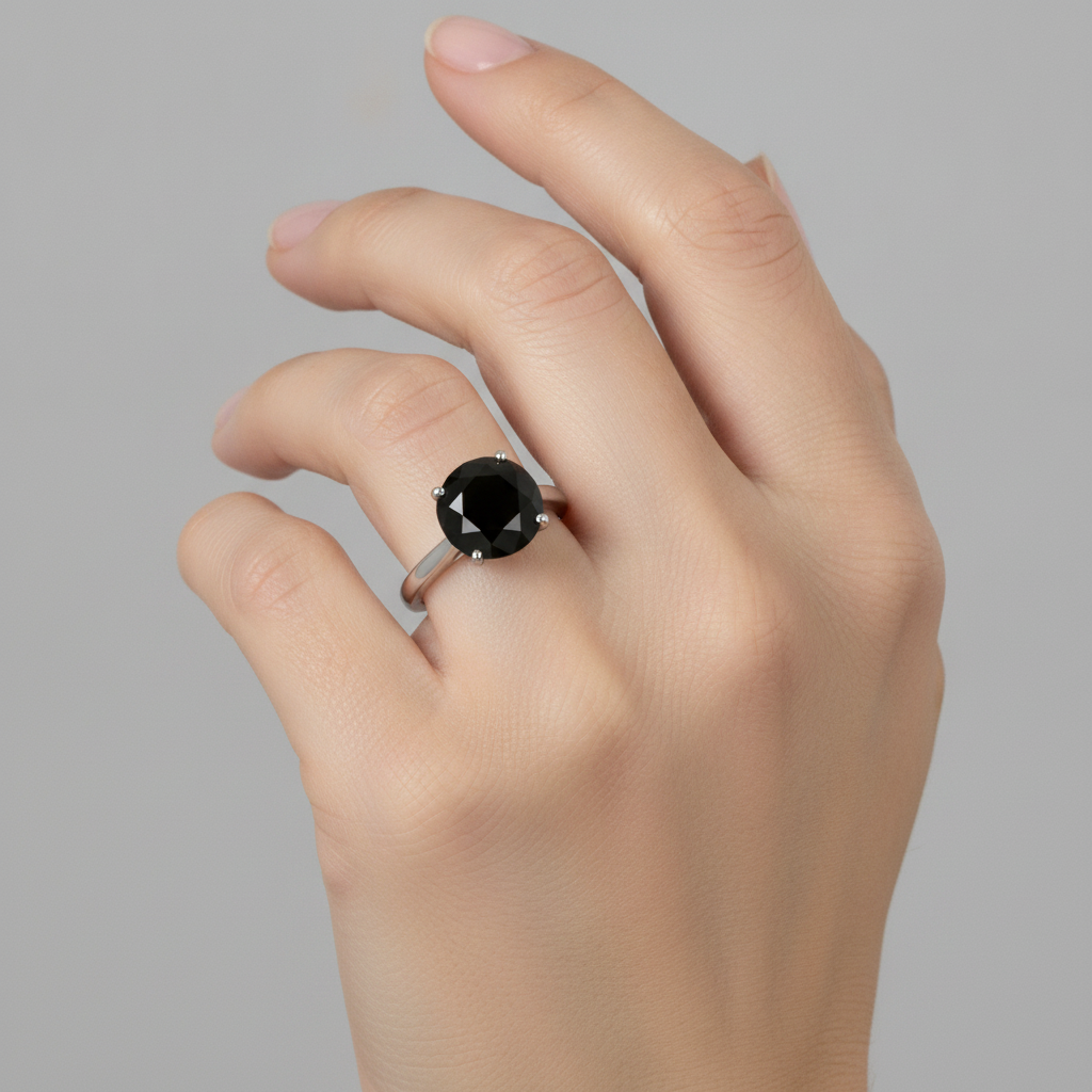 Ehering mit schwarzem Diamant 3,5 Karat Echter runder Solitär Kathedralen-Fassung 14 Karat Weißgold