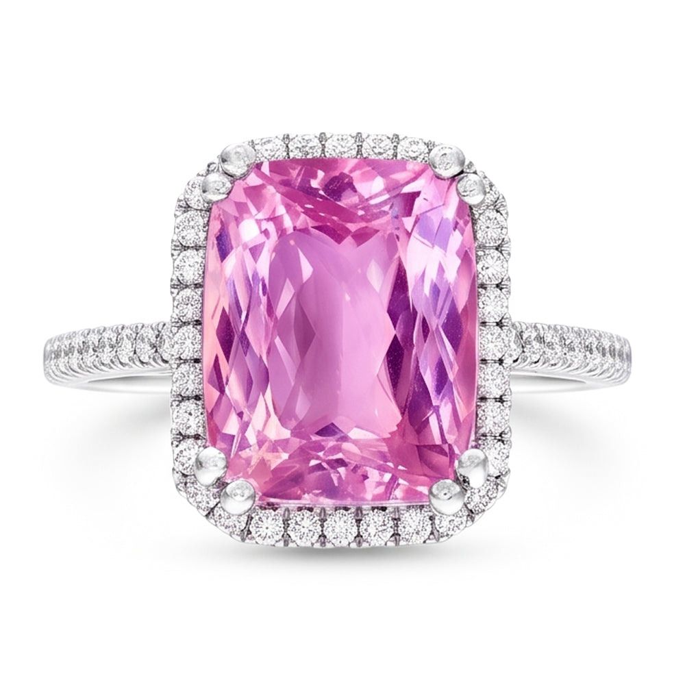 34.50 ct Kissen Kunzit mit runden Aus der Erde Abgebauter Natürlicher Diamanten Ring Weißgold 14K