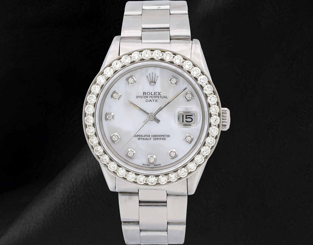 Rolex 34 mm Oyster-Armband 1500 Uhr mit weißem Perlmutt-Diamantzifferblatt