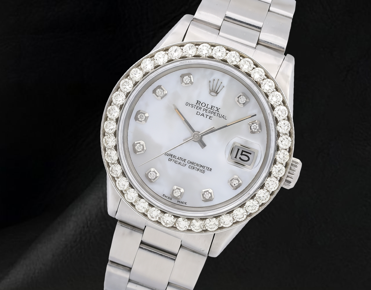 Rolex 34 mm Oyster-Armband 1500 Uhr mit weißem Perlmutt-Diamantzifferblatt