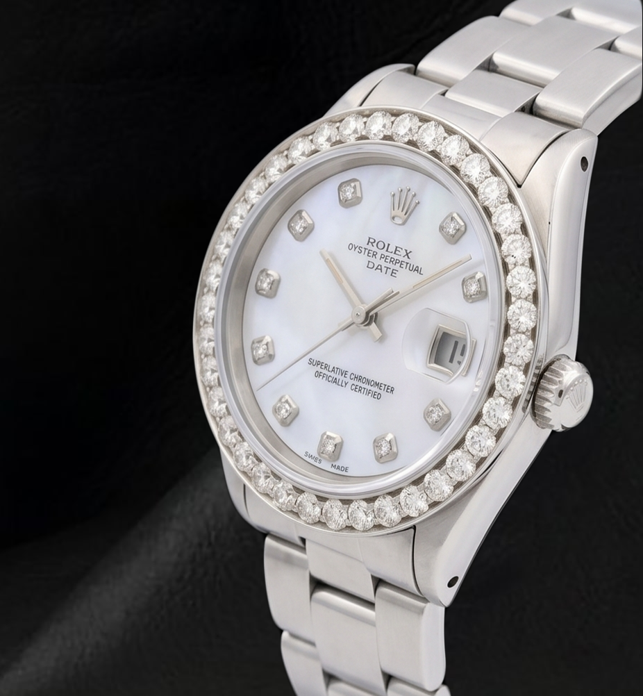 Rolex 34 mm Oyster-Armband 1500 Uhr mit weißem Perlmutt-Diamantzifferblatt