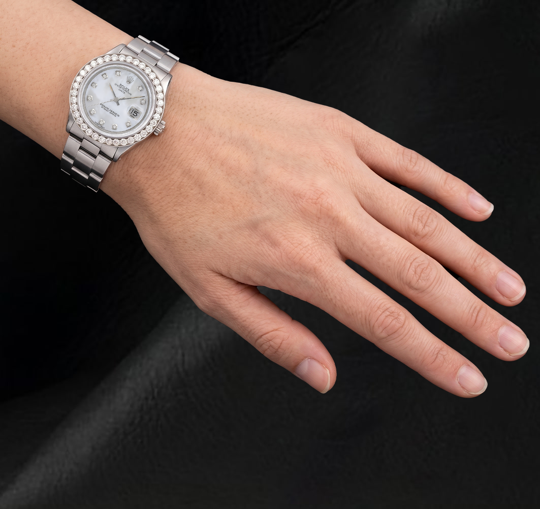 Rolex 34 mm Oyster-Armband 1500 Uhr mit weißem Perlmutt-Diamantzifferblatt