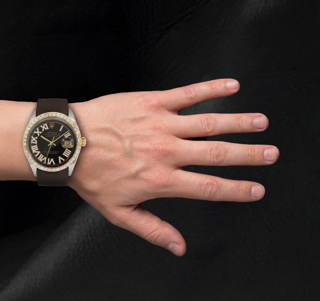 Rolex Datejust 1601 36 mm Uhr mit schokoladenbraunem römischen Diamantzifferblatt und Kautschukarmband