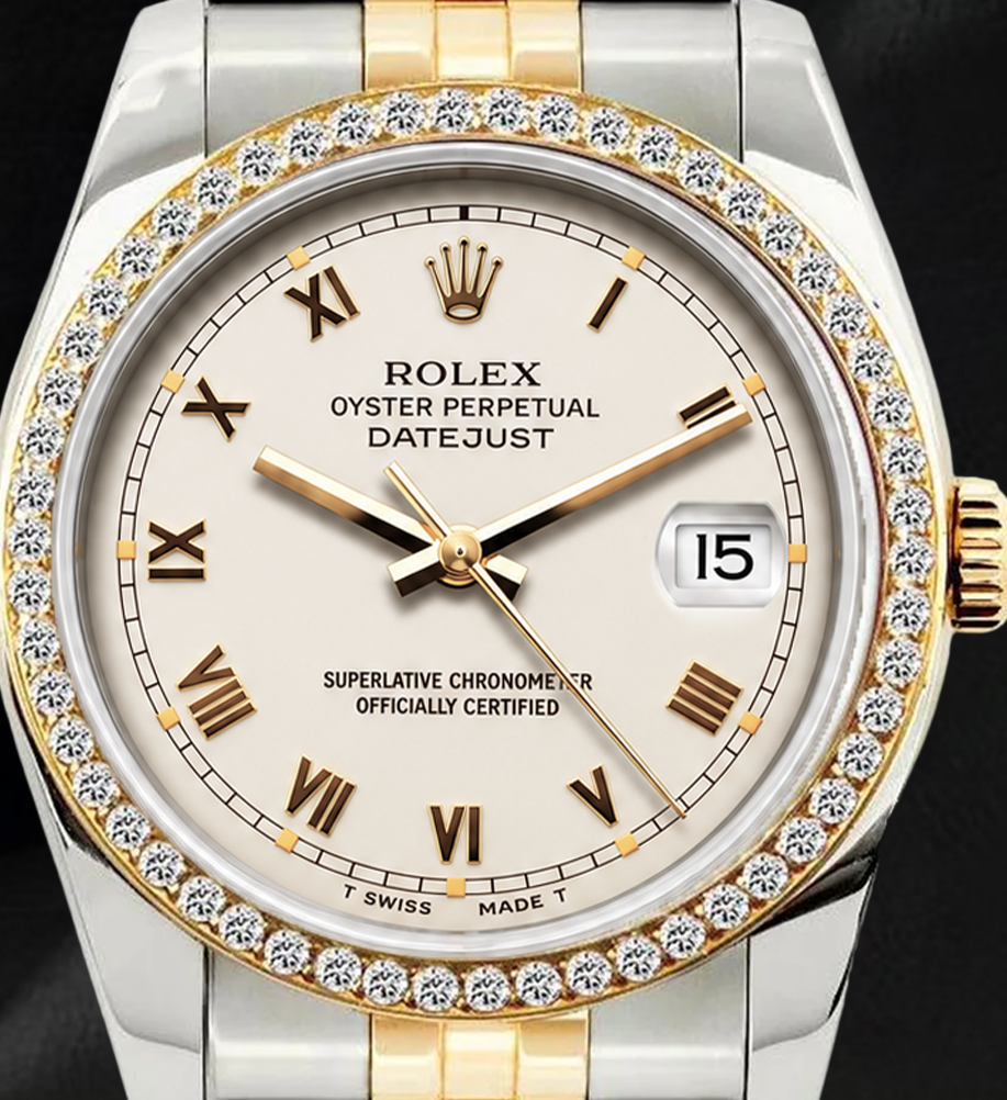 Rolex 36 mm Datejust 16233 Bicolor-Uhr mit elfenbeinfarbenem Zifferblatt und römischen Ziffern