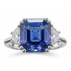 3 Steinring Trapezdiamanten mit Asscher Blue Saphir 5 Karat