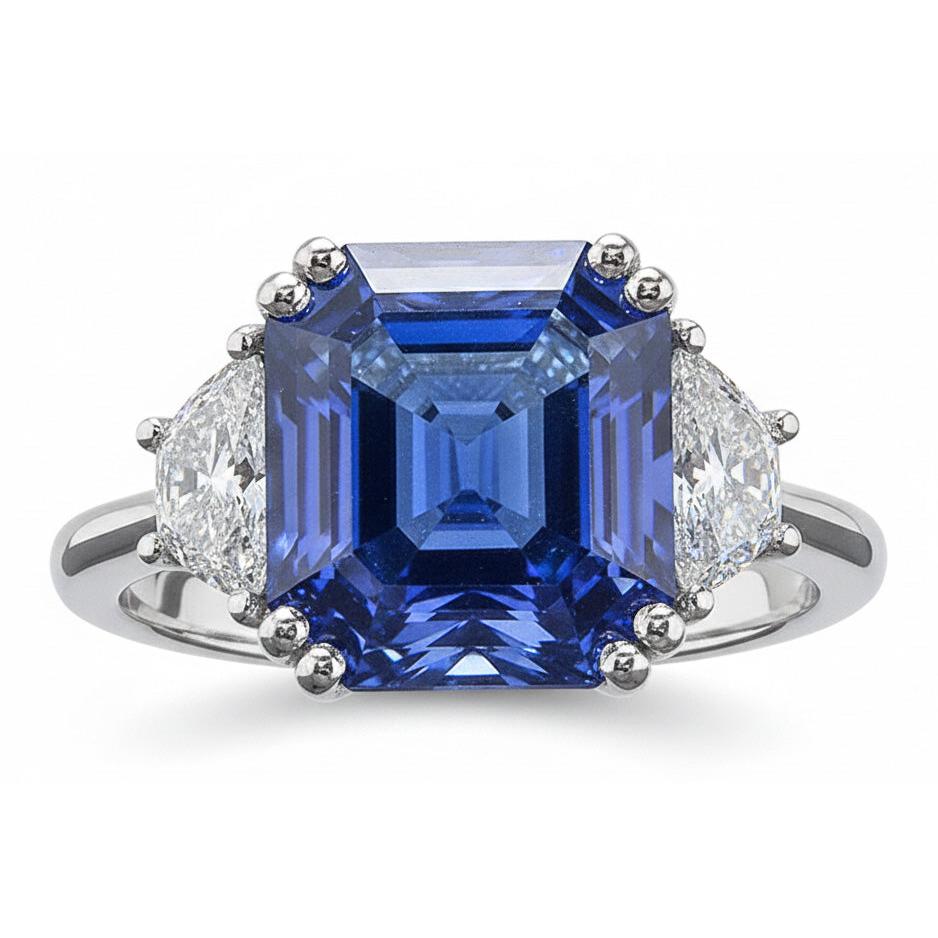 3 Steinring Trapezdiamanten mit Asscher Blue Saphir 5 Karat