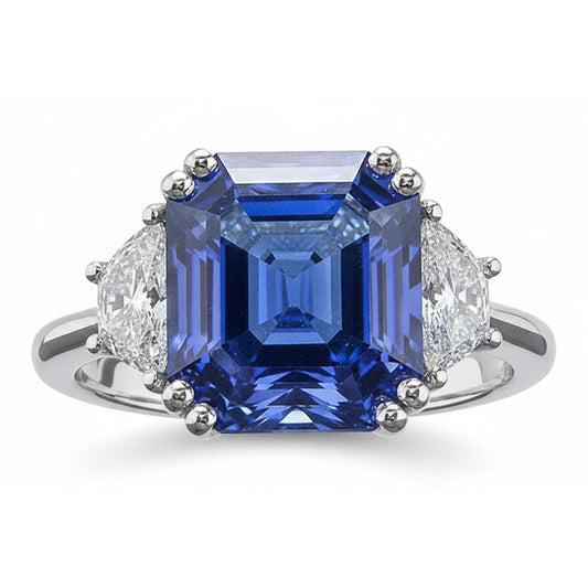 3 Steinring Trapezdiamanten mit Asscher Blue Saphir 5 Karat