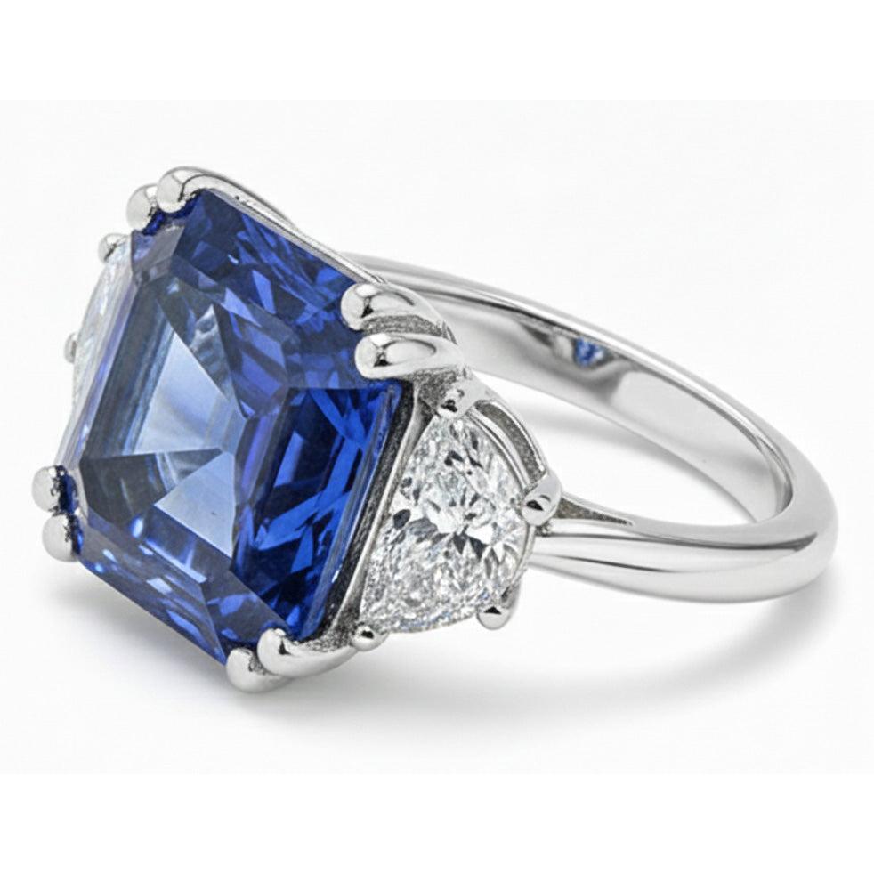 3 Steinring Trapezdiamanten mit Asscher Blue Saphir 5 Karat