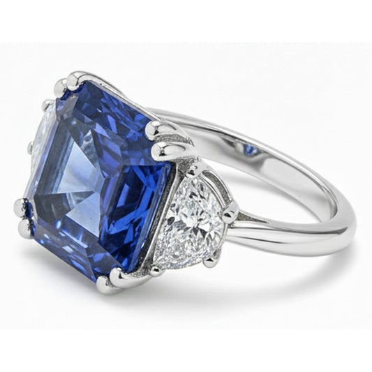 3 Steinring Trapezdiamanten mit Asscher Blue Saphir 5 Karat