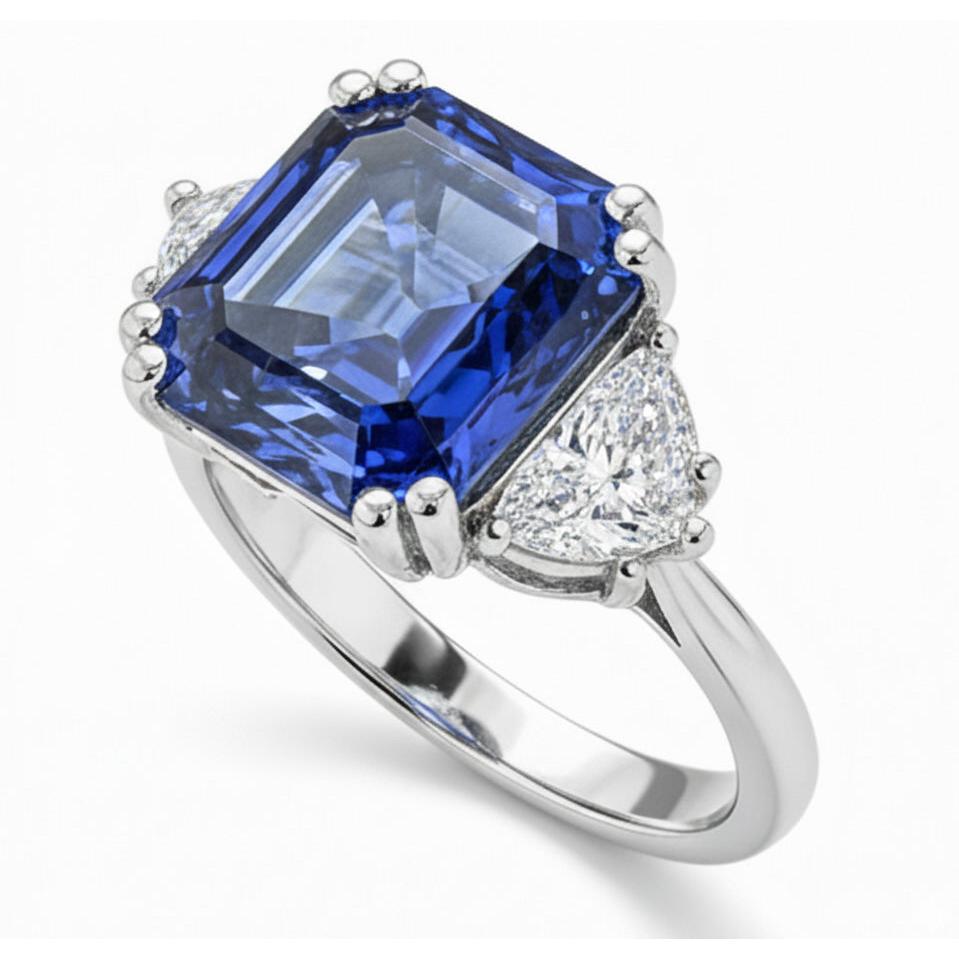 3 Steinring Trapezdiamanten mit Asscher Blue Saphir 5 Karat