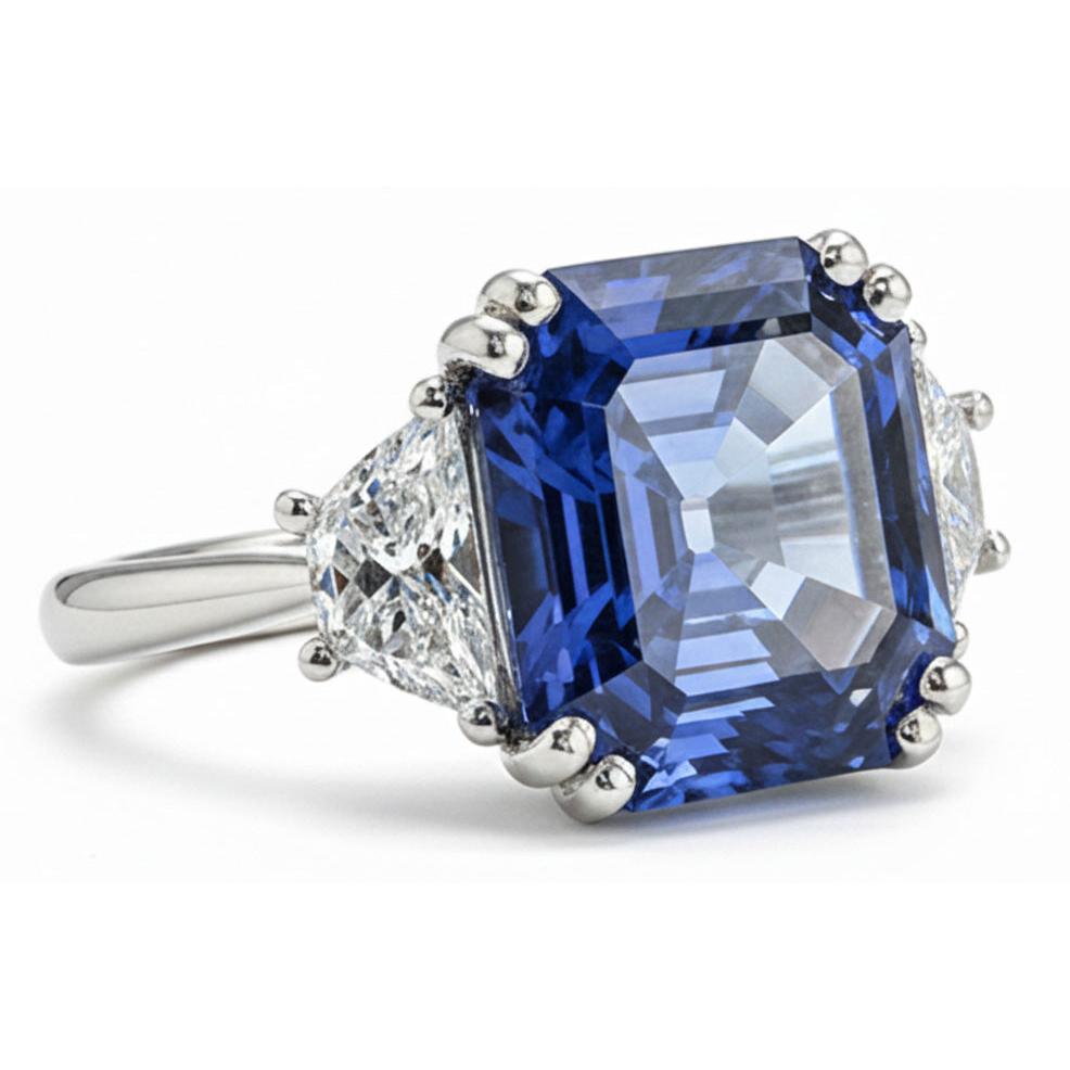 3 Steinring Trapezdiamanten mit Asscher Blue Saphir 5 Karat