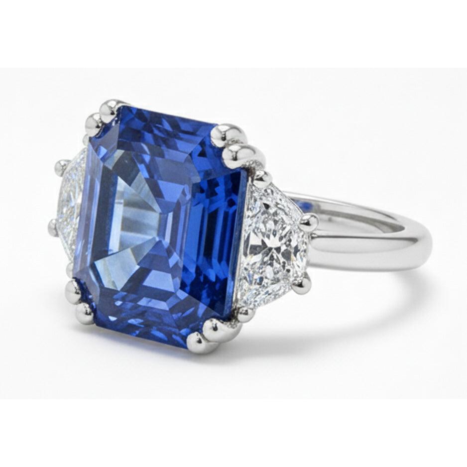 3 Steinring Trapezdiamanten mit Asscher Blue Saphir 5 Karat