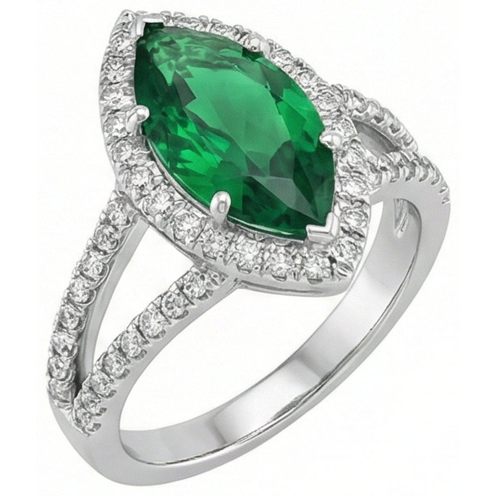 3,35 Karat Grüner Smaragd mit Aus der Erde Abgebauter Natürlicher Diamanten Ring Krappenset Weißgold 14K