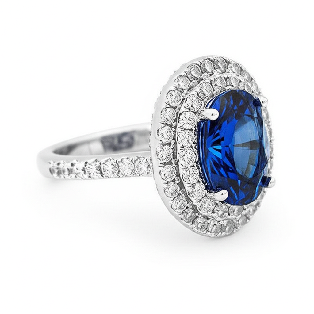 3,40 Kt Ovaler Ceylon Saphir mit runden Aus der Erde Abgebauter Natürlicher Diamanten Ring Weißgold