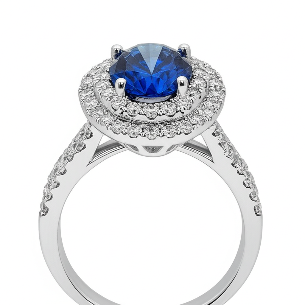 3,40 Kt Ovaler Ceylon Saphir mit runden Aus der Erde Abgebauter Natürlicher Diamanten Ring Weißgold