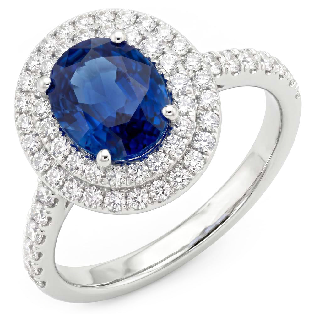 3,40 Kt Ovaler Ceylon Saphir mit runden Aus der Erde Abgebauter Natürlicher Diamanten Ring Weißgold
