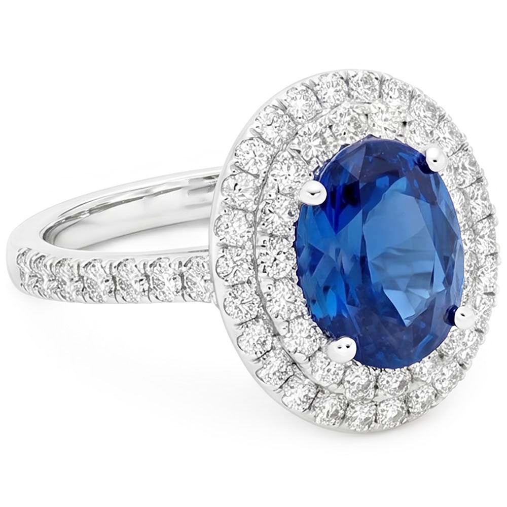 3,40 Kt Ovaler Ceylon Saphir mit runden Aus der Erde Abgebauter Natürlicher Diamanten Ring Weißgold